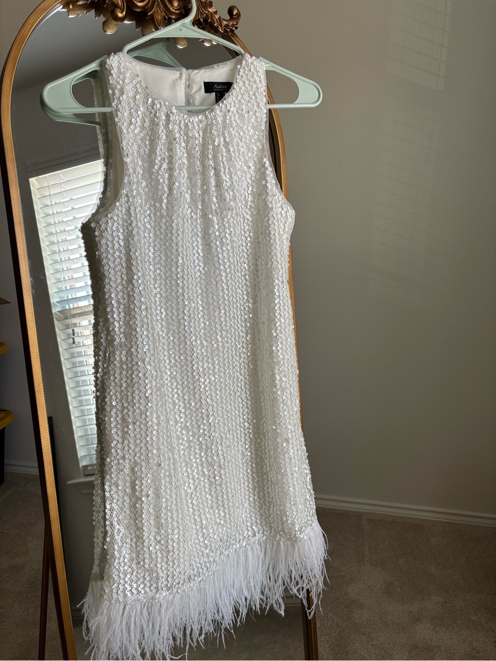 Adrianna Papell White Sequin Feather Hem Sheath Dress